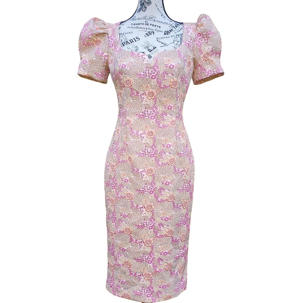 Rebecca Vallance Stella Pink Floral Brocade Puff Sleeve Sheath Dress US 6